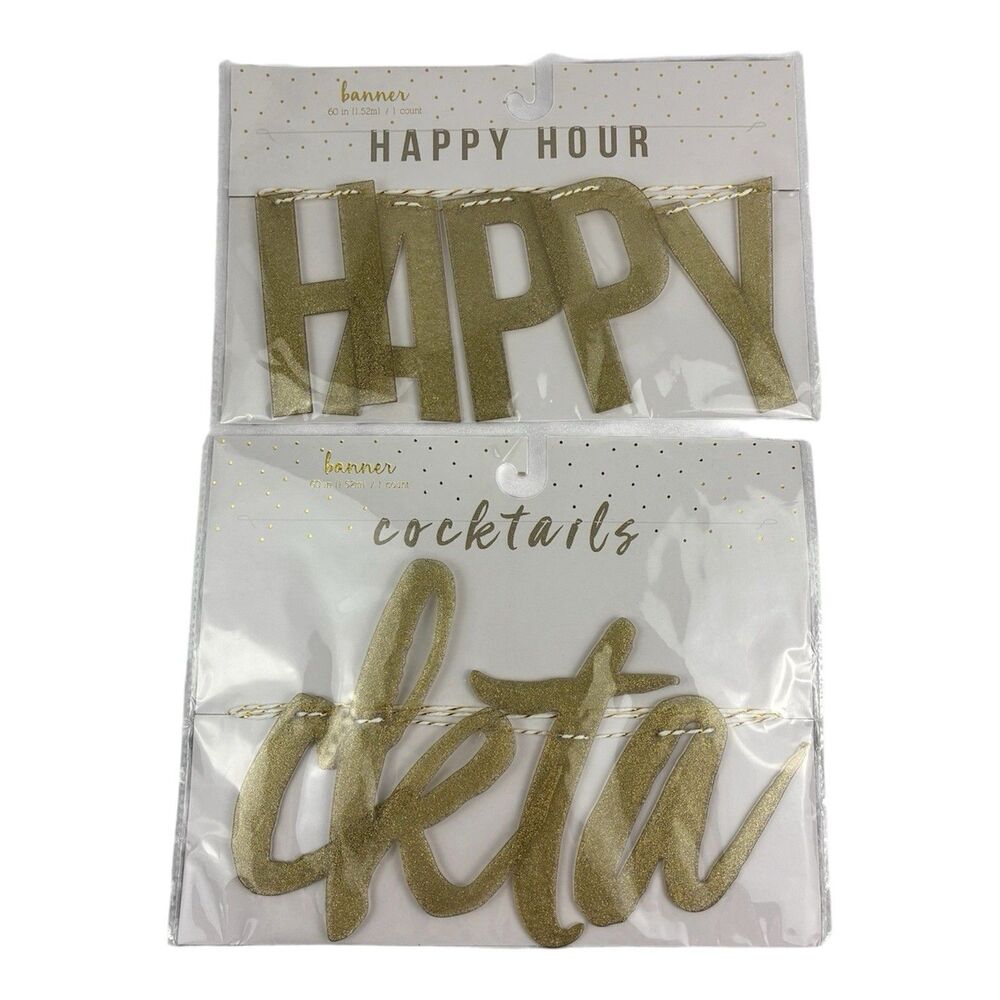 Target Happy Hour & cocktails Plastic Gold Sparkle Banners on String 60" NEW